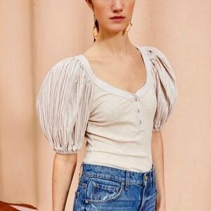 Ulla Johnson Marika Cotton Short Sleeve Top Cream Ribbed Puff Sleeve Size Large